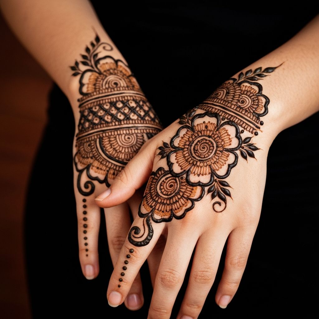 Arabic mehndi design on hands with modern henna patterns
