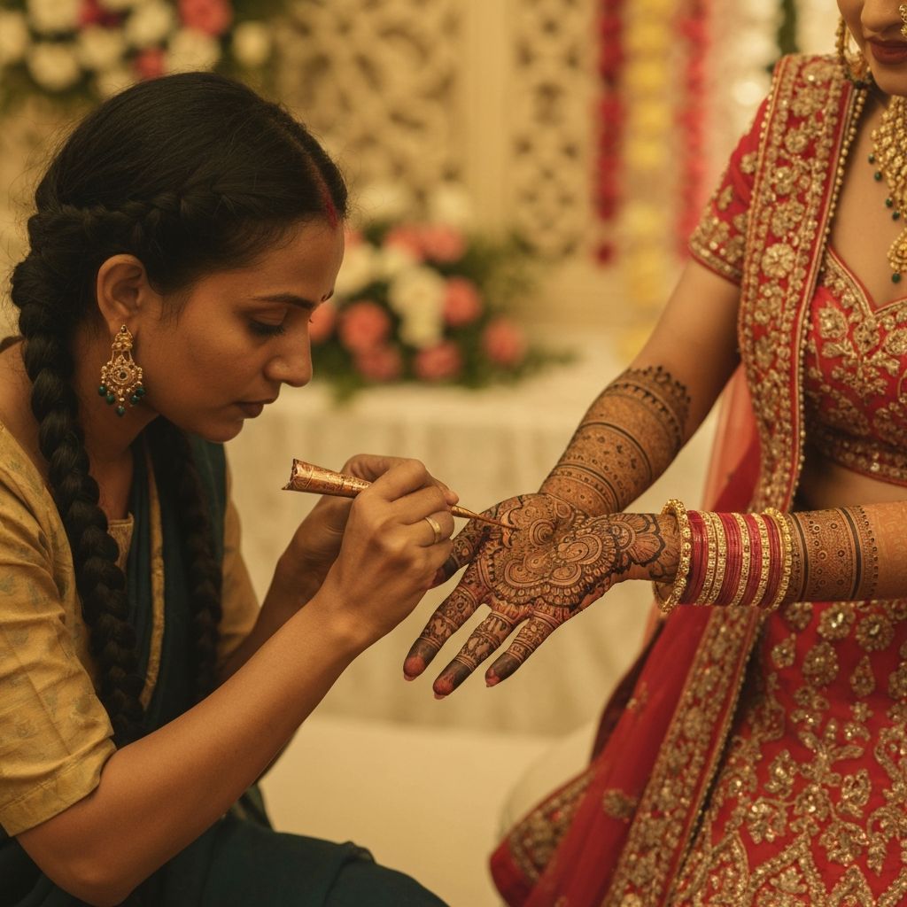 Henna artist applying mehndi design on bride hands